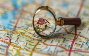 Illustration of a magnifying glass examining a house, symbolizing searching to buy real estate.